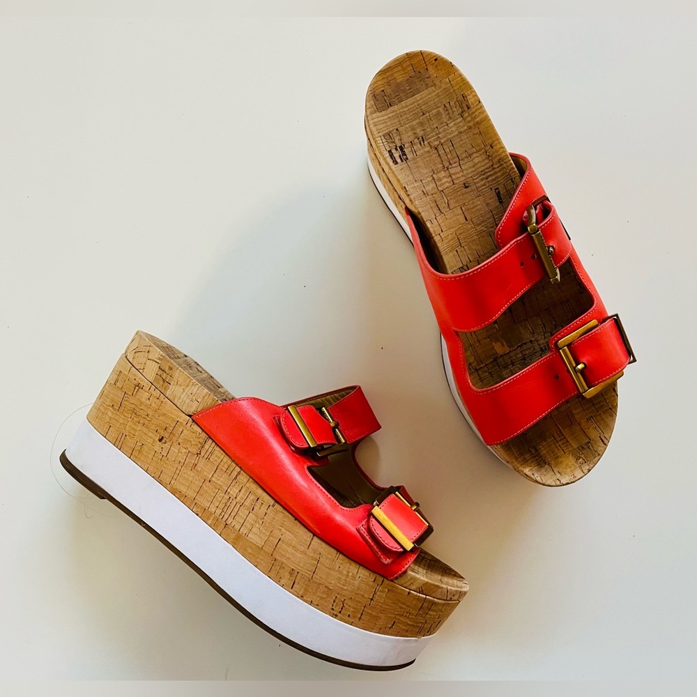 Red Cork Platform Slide Sandals with Buckle Straps
